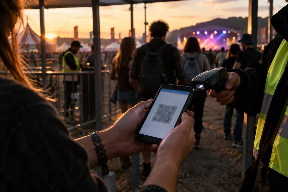 Des mains tiennent un téléphone affichant un billet électronique flouté, tandis que des agents contrôlent les entrées d’un festival en soirée.