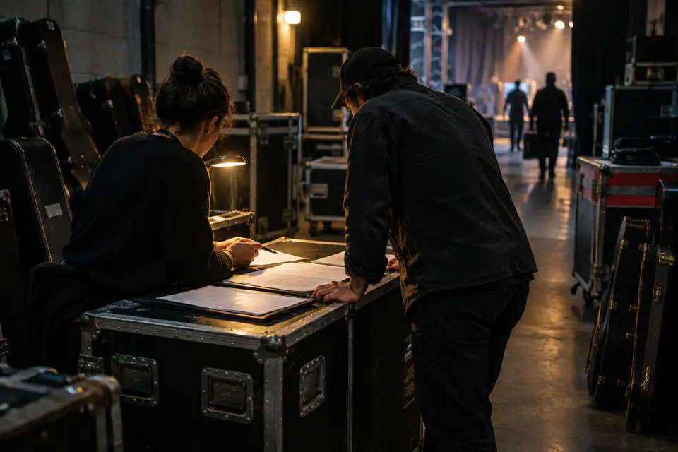 Un programmateur et un tour manager examinent un contrat sur une caisse de tournée, entourés d’étuis de guitare en coulisses.