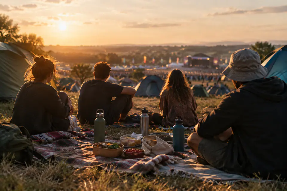 Des amis partagent un pique-nique simple sur des couvertures au camping d’un festival, avec des gourdes réutilisables dans la lumière de fin d’après-midi.