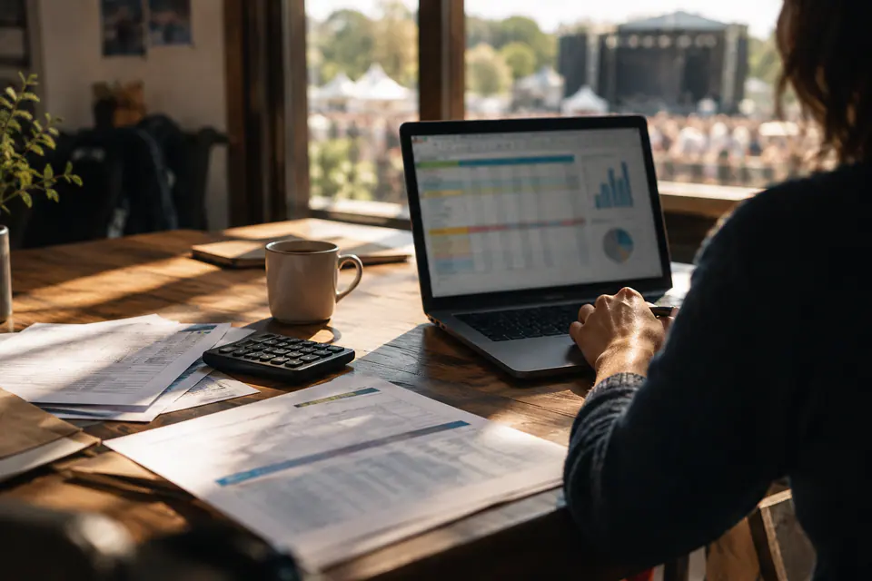 Des mains consultent un tableur de budget sur un ordinateur portable, avec une calculatrice, des factures et une tasse de café sur la table.
