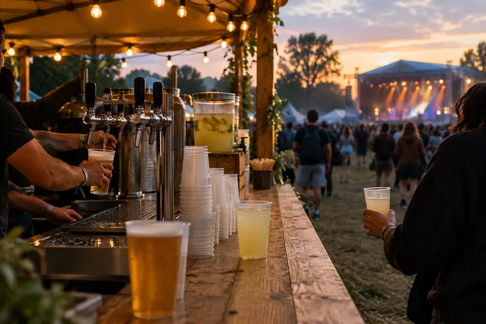 Une buvette associative en bois sert bière pression et limonade dans des gobelets réutilisables, sous des guirlandes lumineuses en soirée.