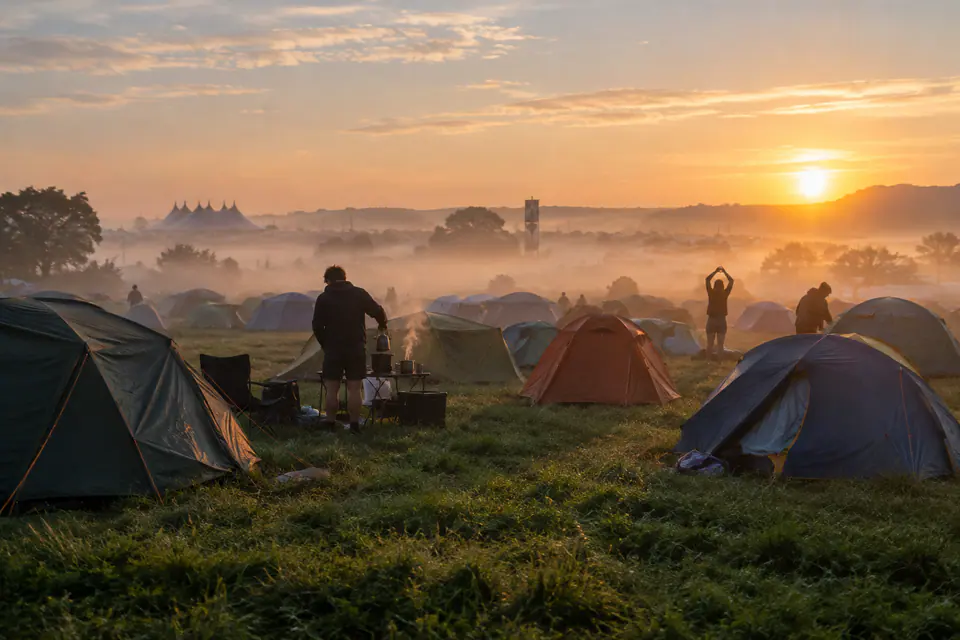 Des tentes alignées dans un champ vert au lever du jour, avec quelques campeurs qui s’étirent et préparent du café dans la brume.