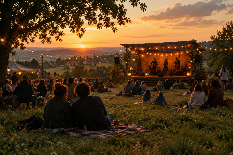 Petite scène de village dans une prairie au crépuscule, devant un public modeste composé de familles et de groupes d’amis.