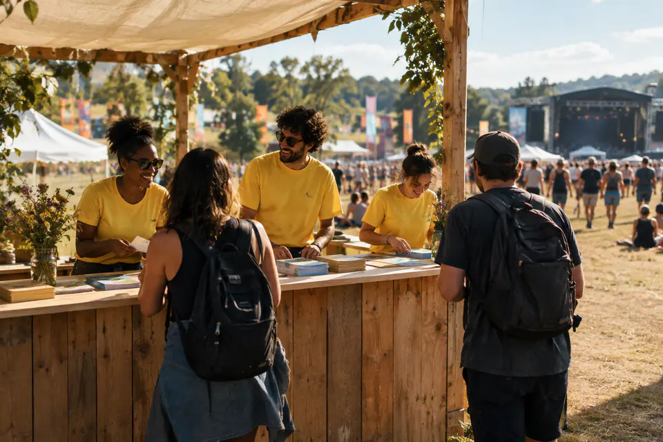 Des bénévoles en tee-shirts colorés accueillent le public à un stand de festival en plein après-midi ensoleillé.