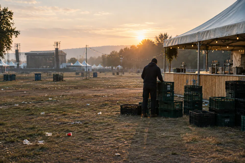 Au lendemain d’un festival, une personne compte des caisses près d’une tente bar, parmi quelques gobelets éparpillés dans la lumière du matin.