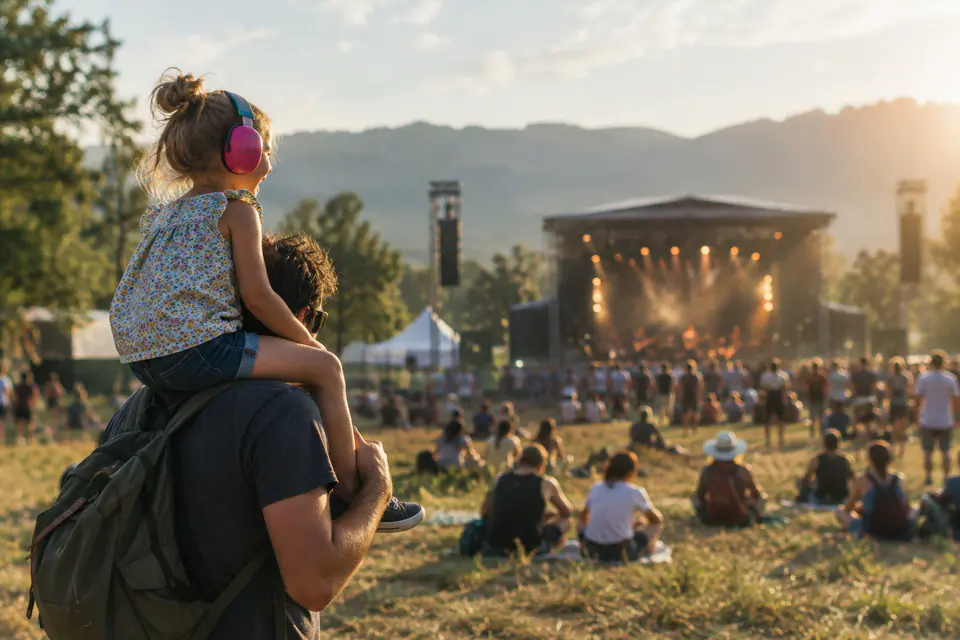 Un père porte son jeune enfant avec un casque antibruit coloré sur les épaules, devant une scène de festival en plein jour.