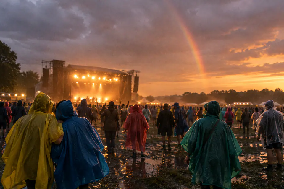 À la tombée du jour, une foule en ponchos colorés écoute un concert sous la pluie, avec les lumières de scène et un arc-en-ciel naissant.