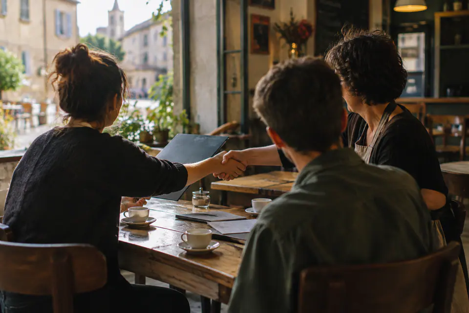 Dans un petit café, des organisateurs de festival présentent un dossier à une commerçante locale et échangent une poignée de main.