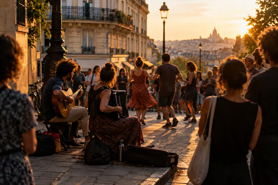 Des musiciens amateurs jouent de la guitare et de l’accordéon à un carrefour parisien au soleil couchant, devant un petit public qui danse.
