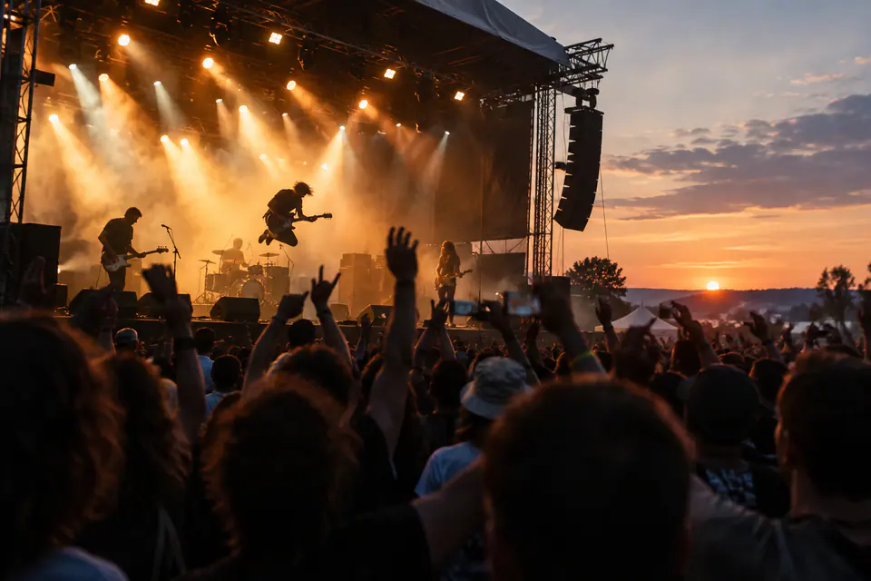 Un guitariste saute sur une scène de festival au crépuscule, tandis que des mains se lèvent dans la foule éclairée à contre-jour.