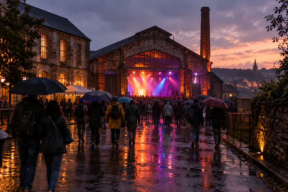 Sous une pluie fine du soir, des festivaliers munis de parapluies avancent vers une salle éclairée par des lumières de scène colorées.