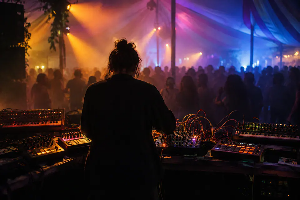Un artiste joue derrière des synthétiseurs et des boîtes à rythmes dans une tente de festival, devant des silhouettes de danseurs.