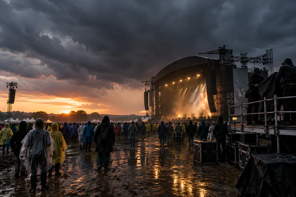 Des festivaliers en ponchos regardent une scène extérieure sous des nuages d’orage, tandis que l’équipe sécurise le matériel.