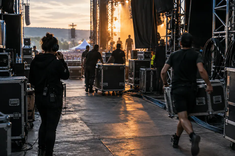 En coulisses d’un festival, des techniciens déplacent des caisses tandis qu’une régisseuse coordonne le travail près de la scène.
