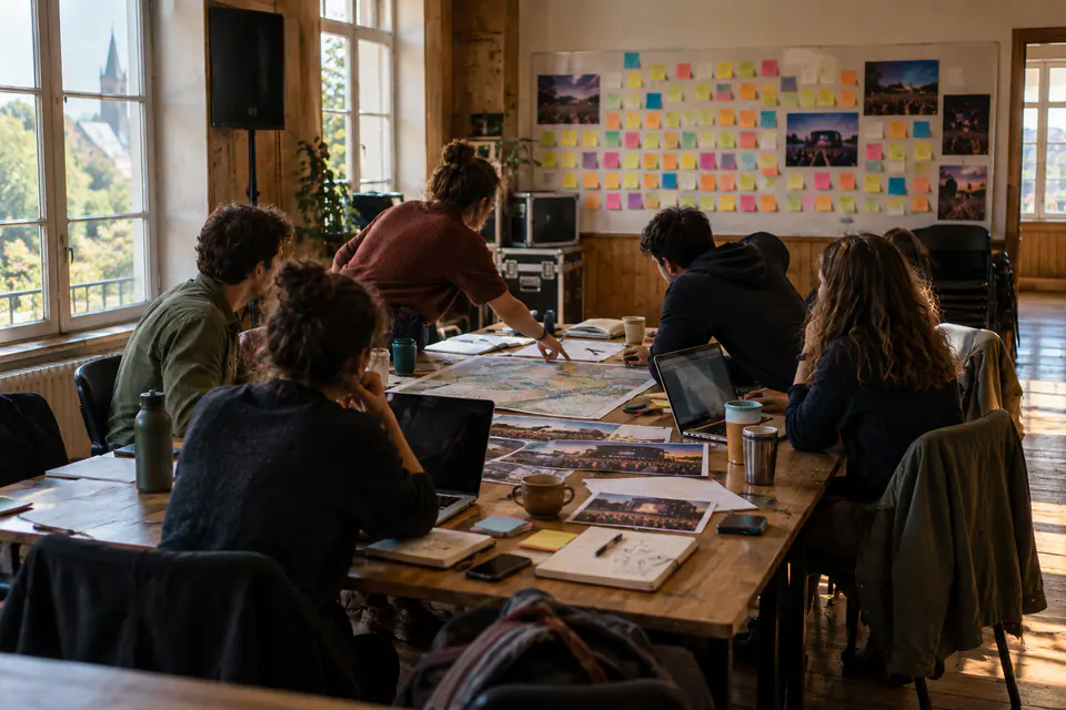 Une équipe associative prépare un festival autour d’une grande table, avec des ordinateurs, des carnets et des notes au mur.