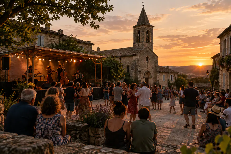 Un petit festival anime une place de village, avec une scène en bois près d’une église et des habitants qui dansent au crépuscule.