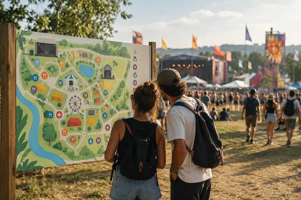 Deux amis consultent un grand plan illustré du festival, avec des scènes colorées et des fanions visibles en arrière-plan sous le soleil.