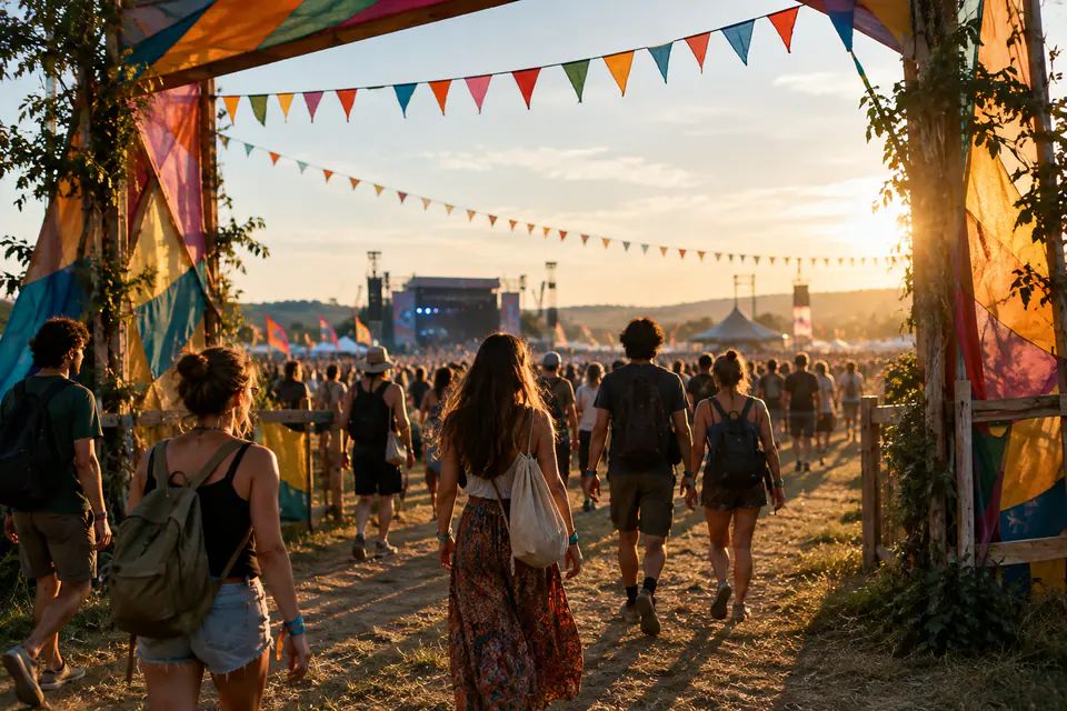 Des festivaliers avec des bracelets passent sous une arche colorée, sous des guirlandes de fanions dans la lumière de l’après-midi.