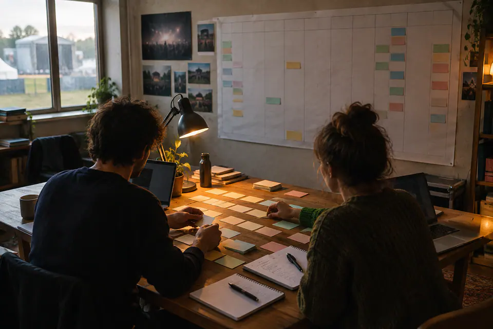 Deux personnes organisent des cartes de programmation sur une table en bois, devant un grand planning mural vierge dans un bureau de festival.