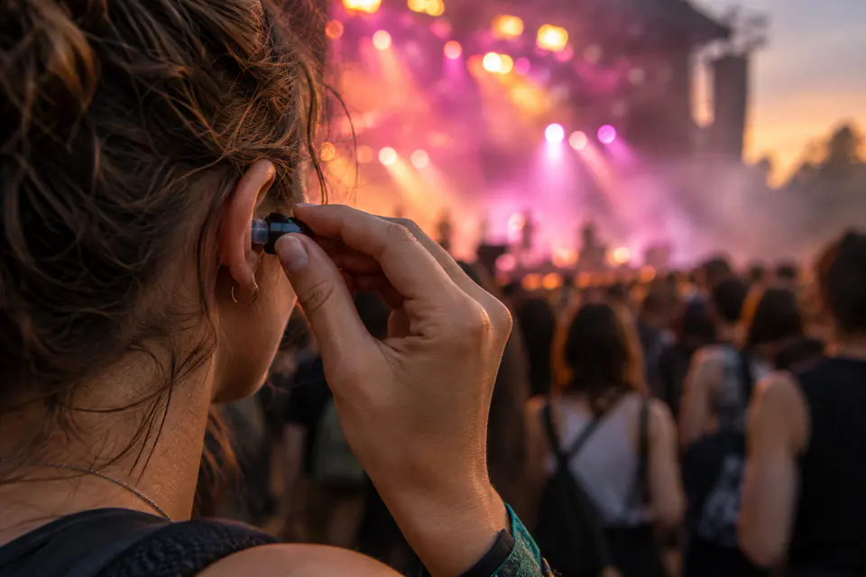 Gros plan sur une festivalière qui ajuste un bouchon d’oreille réutilisable à filtre, tandis que la scène et le public restent flous derrière elle.