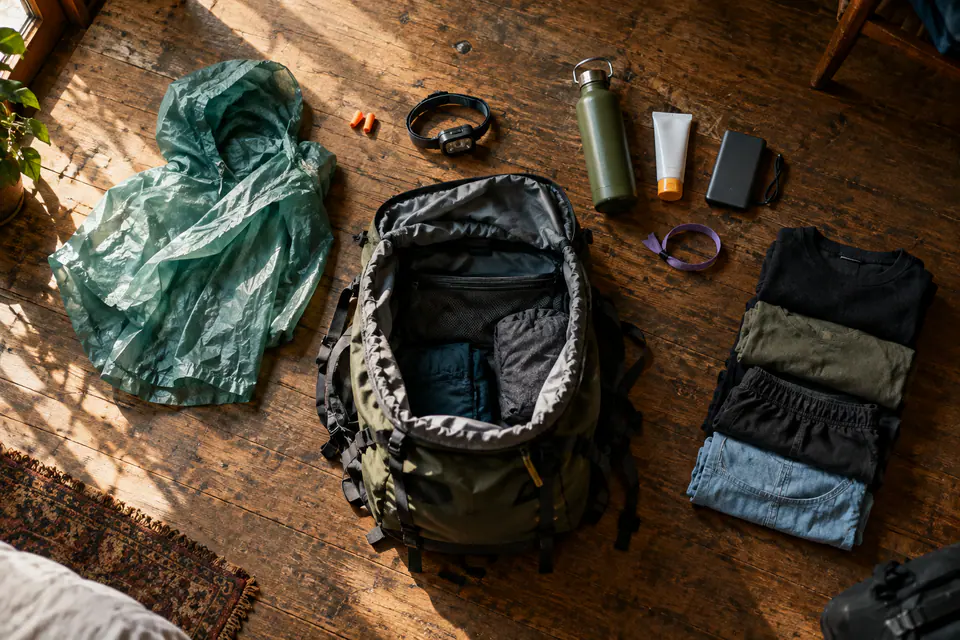 Vue de dessus d’un sac à dos ouvert entouré d’un poncho, de bouchons d’oreilles, d’une lampe, d’une gourde et d’une batterie externe.