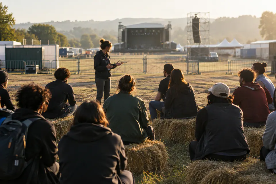 Une coordinatrice réunit des bénévoles assis sur des bottes de paille pour un briefing matinal avant l’ouverture d’un festival.