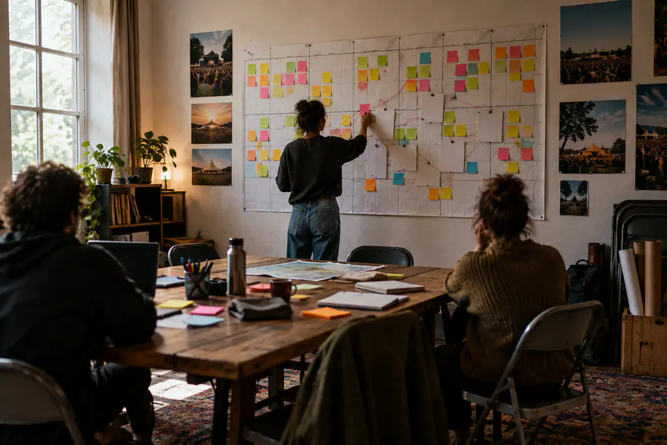 Dans un bureau associatif, une personne ajoute une note colorée à un grand calendrier mural couvert de pense-bêtes.