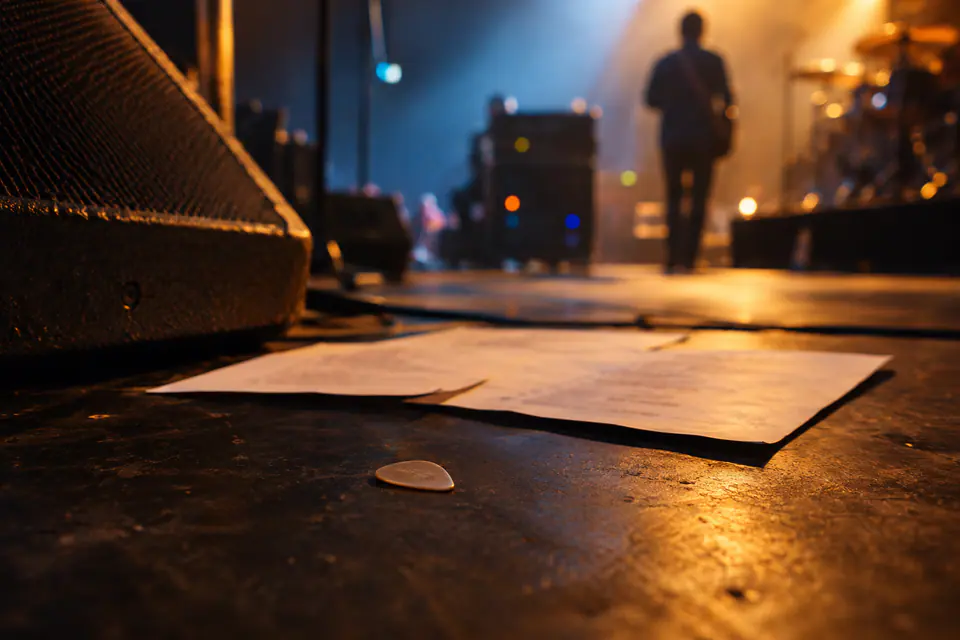 Des feuilles de setlist floues et un médiator reposent sur le sol d’une scène, près d’un retour éclairé par une lumière chaude.