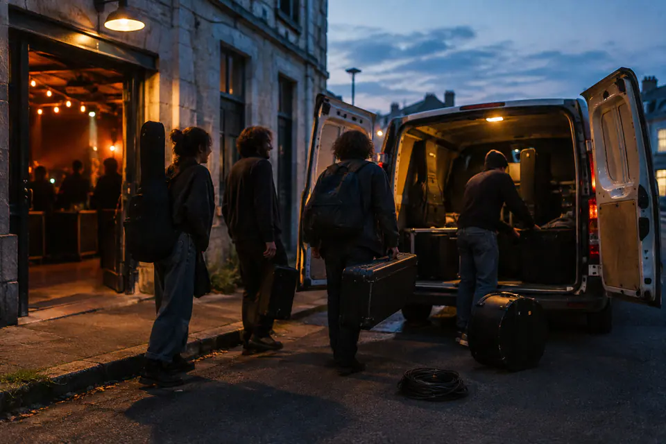 Un jeune groupe charge des étuis d’instruments dans un van devant une petite salle de concert, à la tombée du jour.