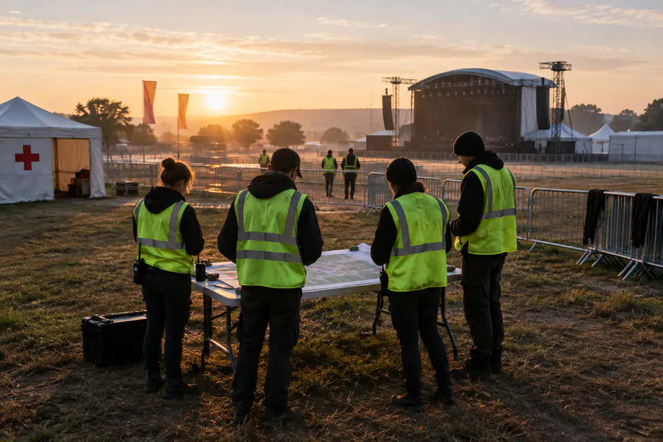 À l’aube, des membres de l’équipe en gilets haute visibilité étudient le plan du site près de barrières et d’un poste de secours.