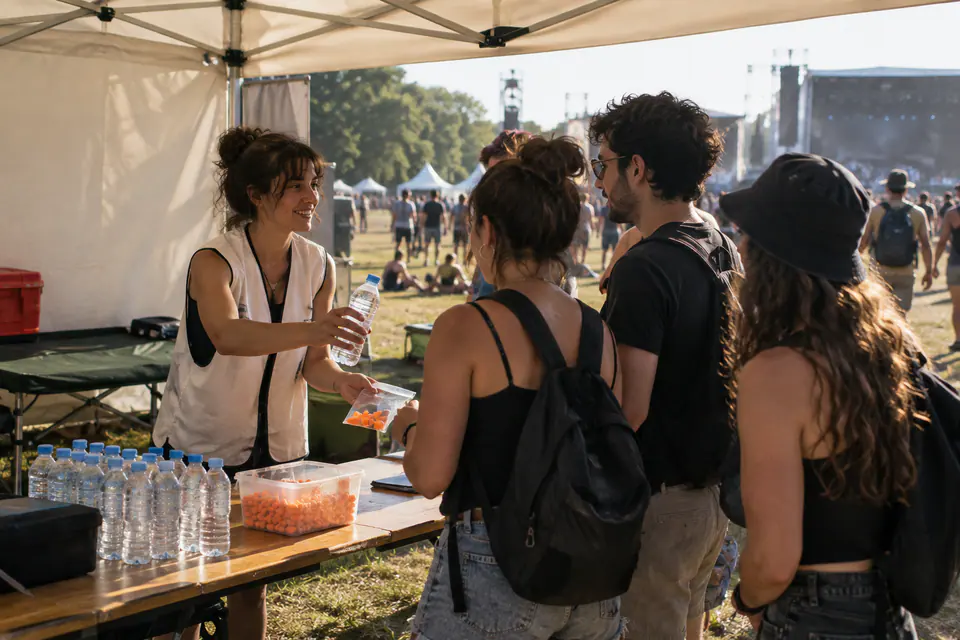 Sous une tente de prévention en festival, une bénévole tend de l’eau et des bouchons d’oreilles à de jeunes adultes.